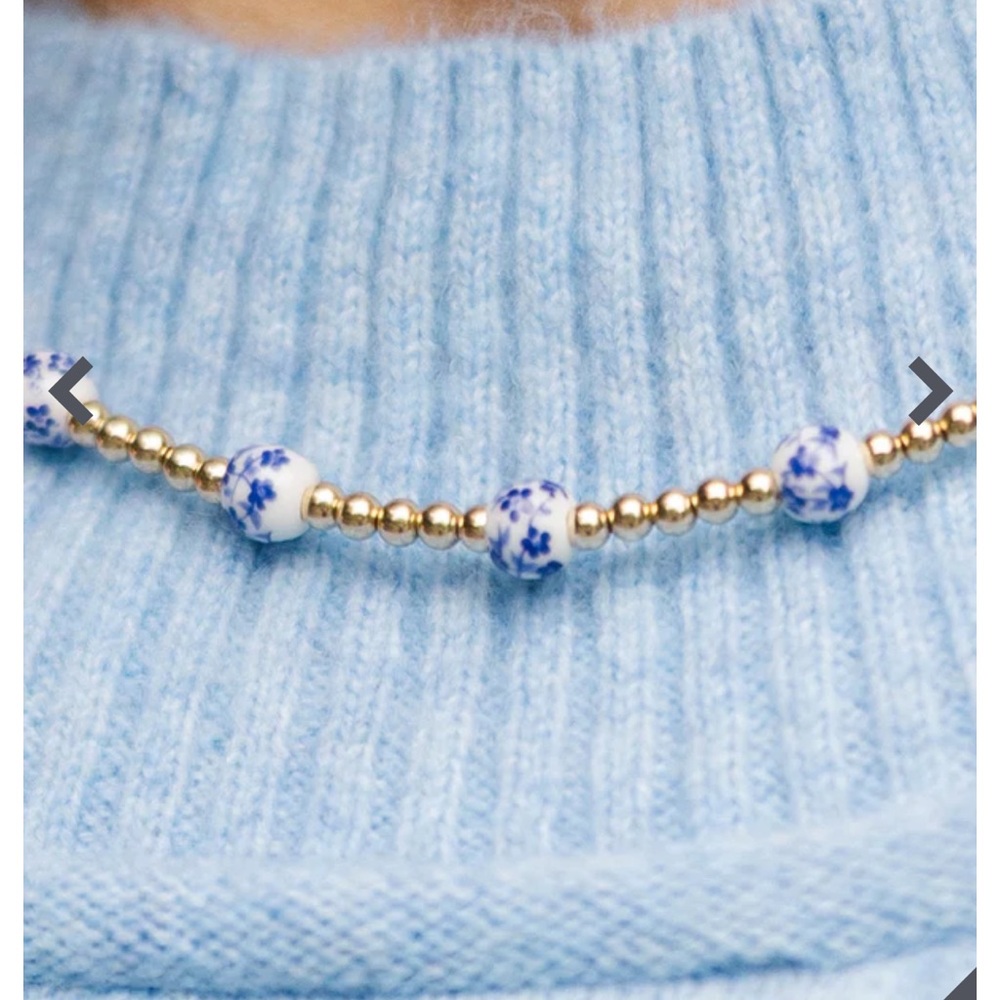 Blue Floral & Gold 14k gold filled beaded Necklace